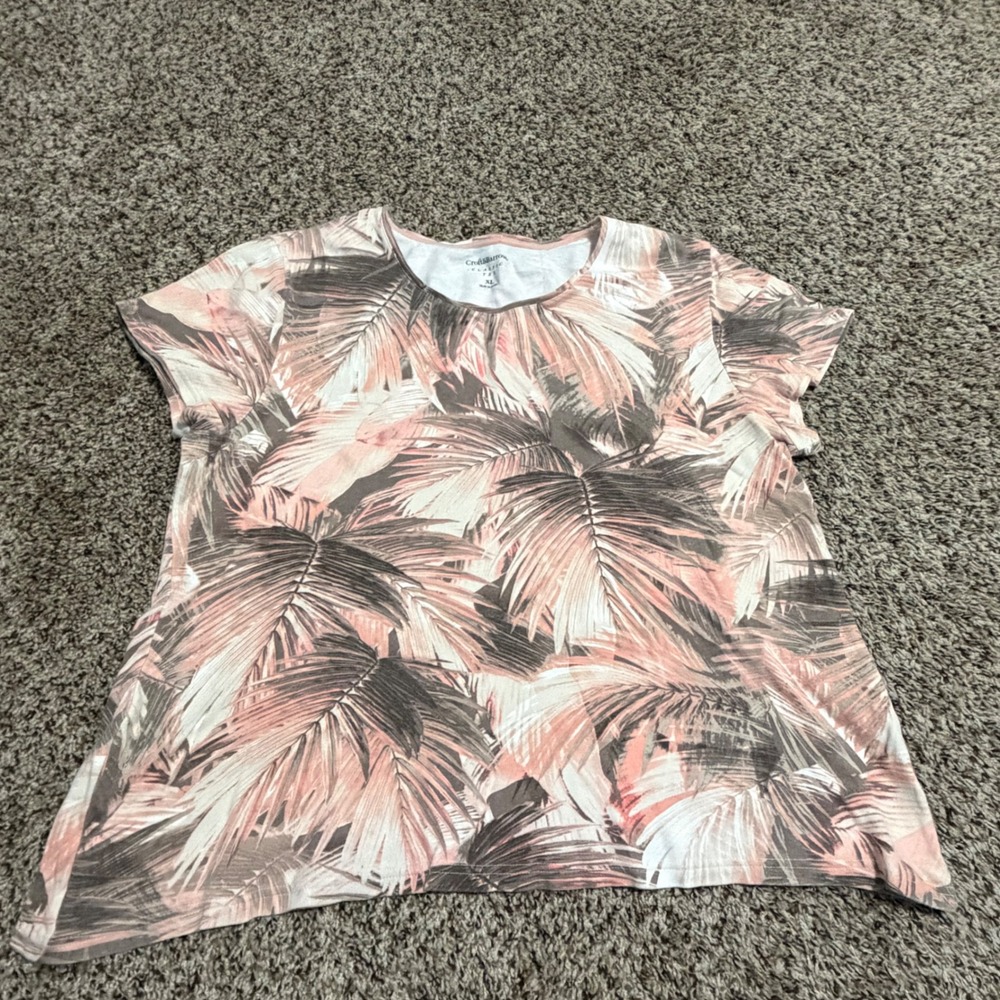 Croft & Barrow Womens XL Pink Grey Tropical Palm Leaf Cotton Short Sleeve Tee